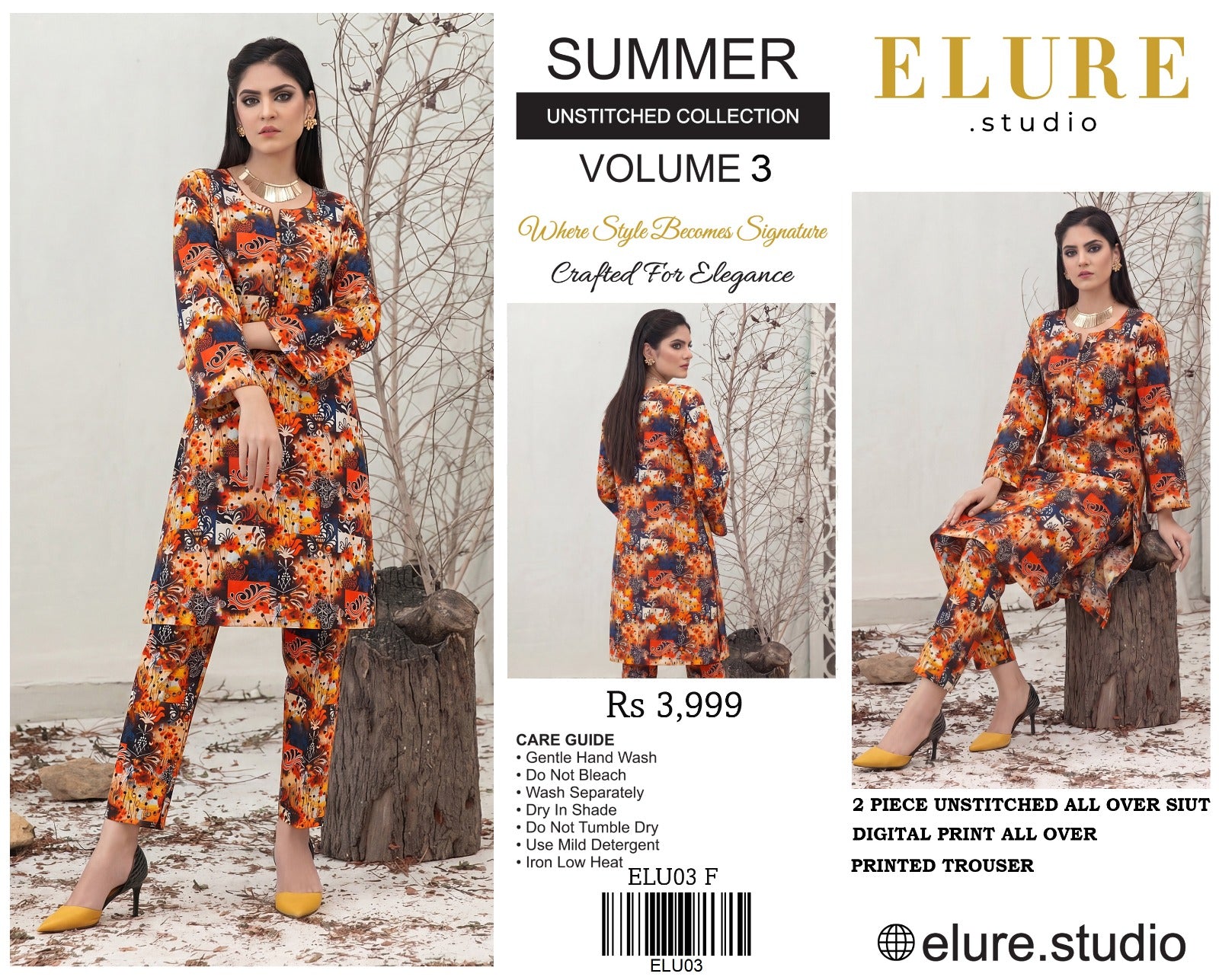 "ELURE"Digital Printed Lawn All Over 2pc