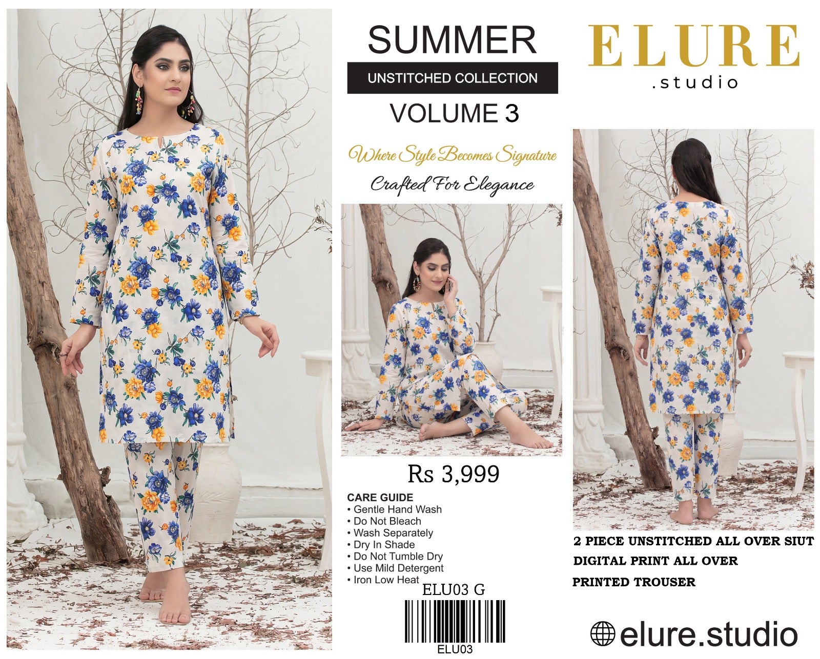"ELURE"Digital Printed Lawn All Over 2pc