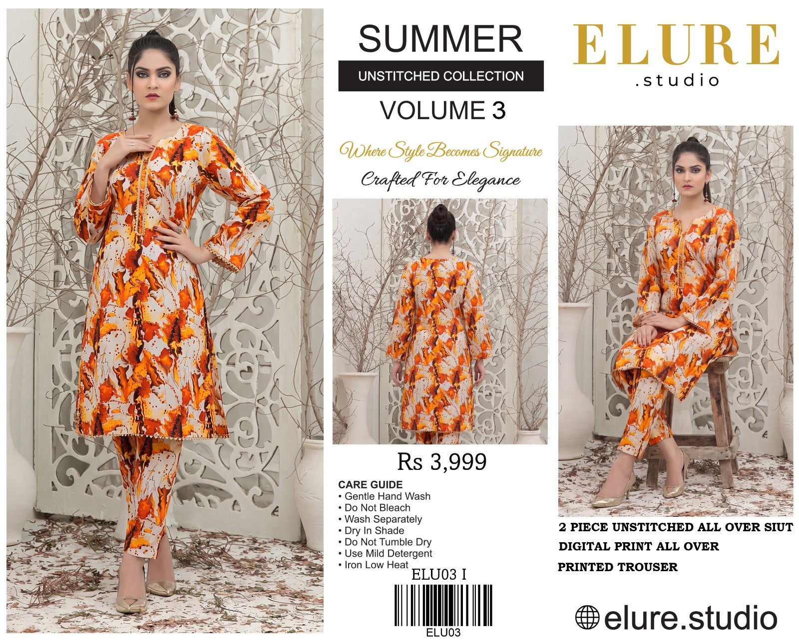"ELURE"Digital Printed Lawn All Over 2pc