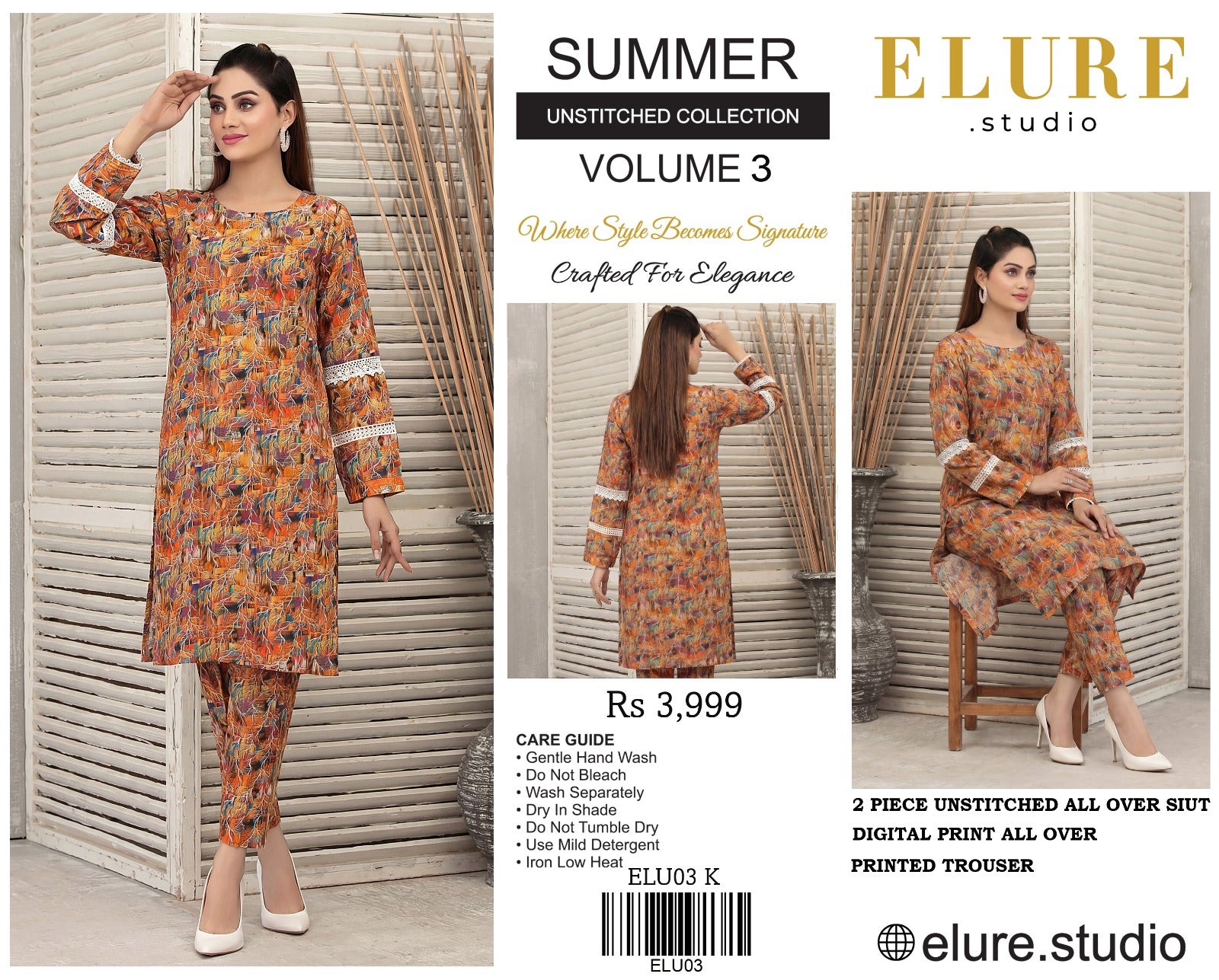 "ELURE"Digital Printed Lawn All Over 2pc