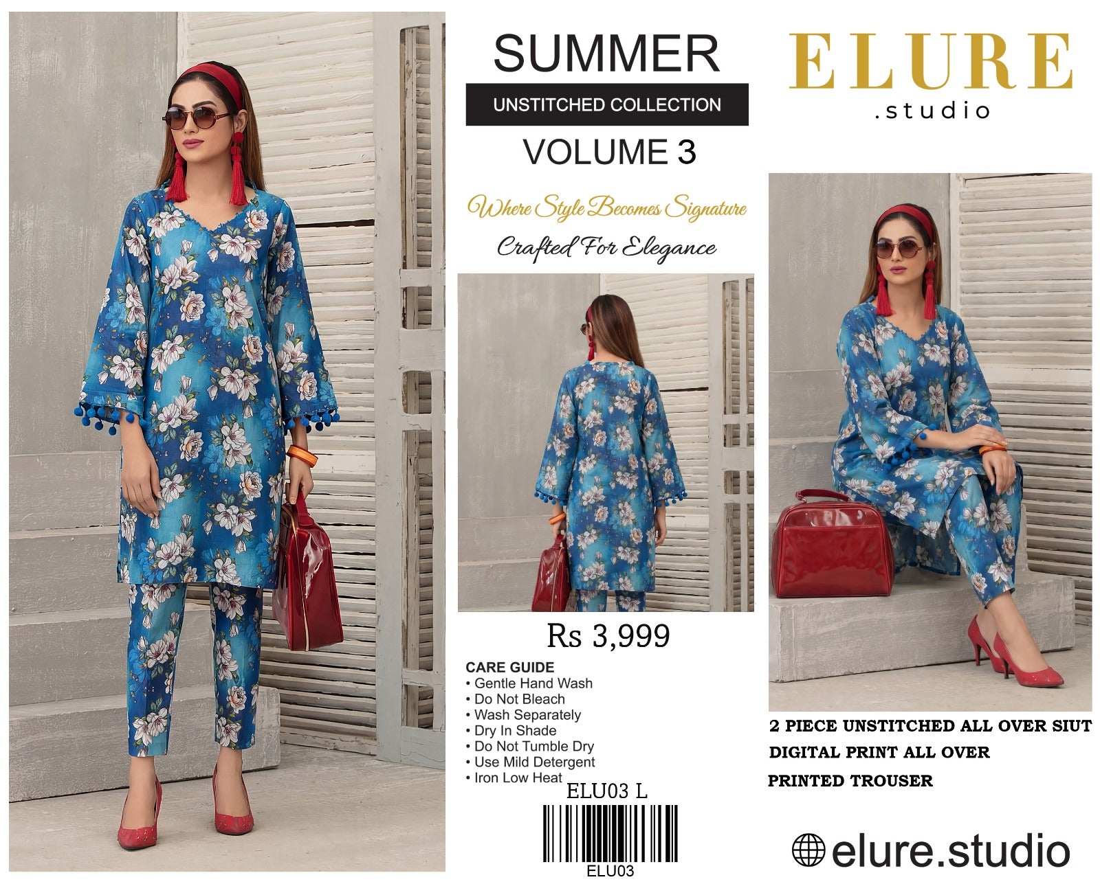 "ELURE"Digital Printed Lawn All Over 2pc