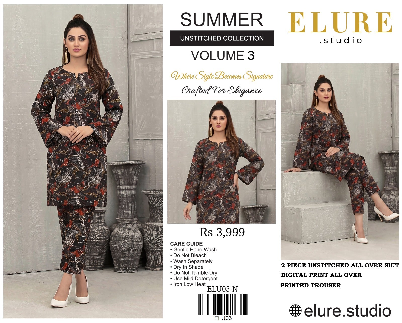 "ELURE"Digital Printed Lawn All Over 2pc