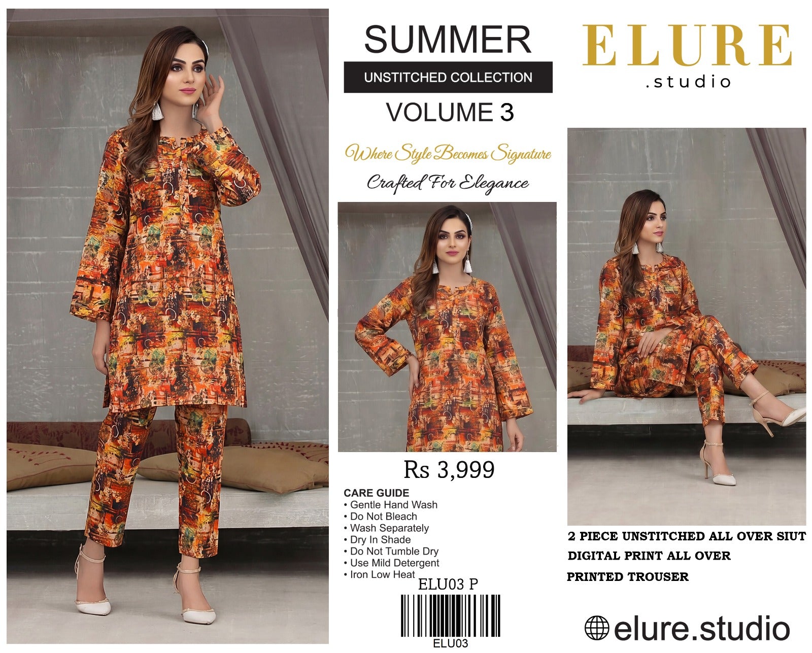 "ELURE"Digital Printed Lawn All Over 2pc