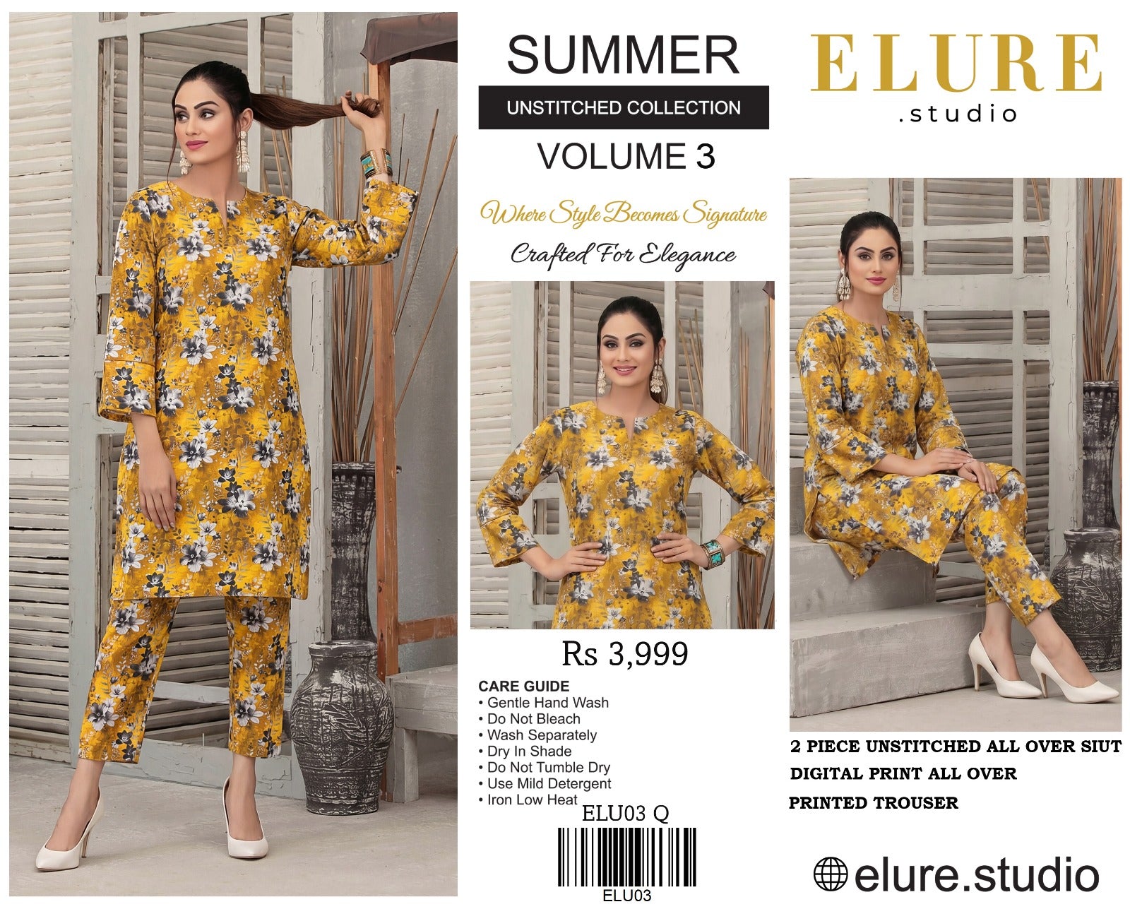 "ELURE"Digital Printed Lawn All Over 2pc
