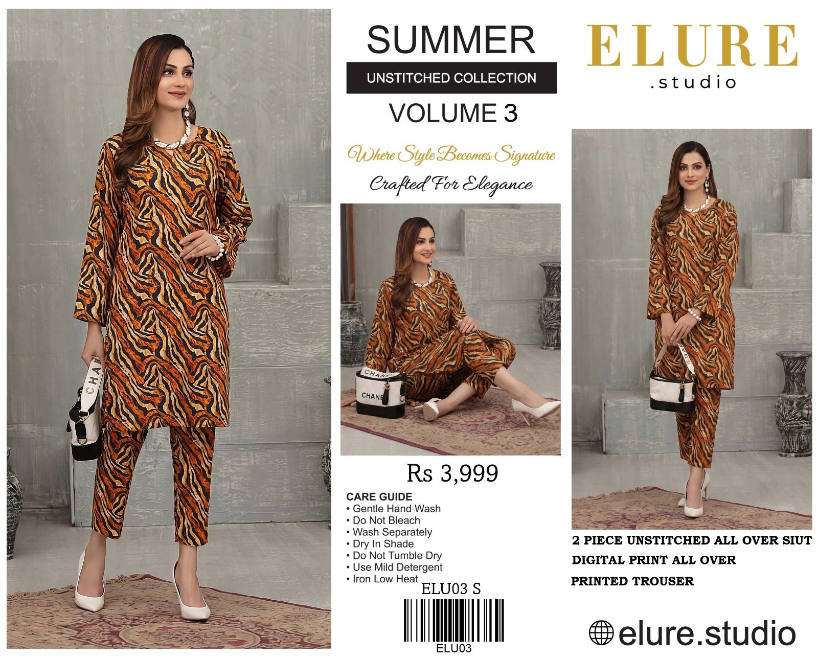 "ELURE"Digital Printed Lawn All Over 2pc